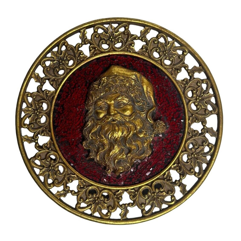 Robert Stanley Christmas Collectible Santa Plate Gold Red Cut Glass Home‎ Decor